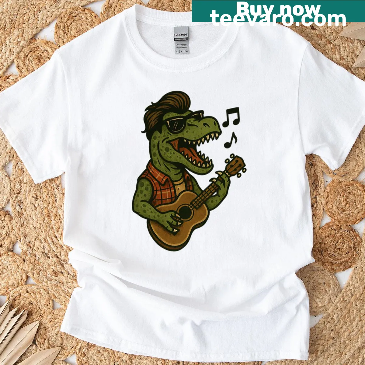 Cartoon T-rex playing guitar in a funny design — on a men's t-shirt