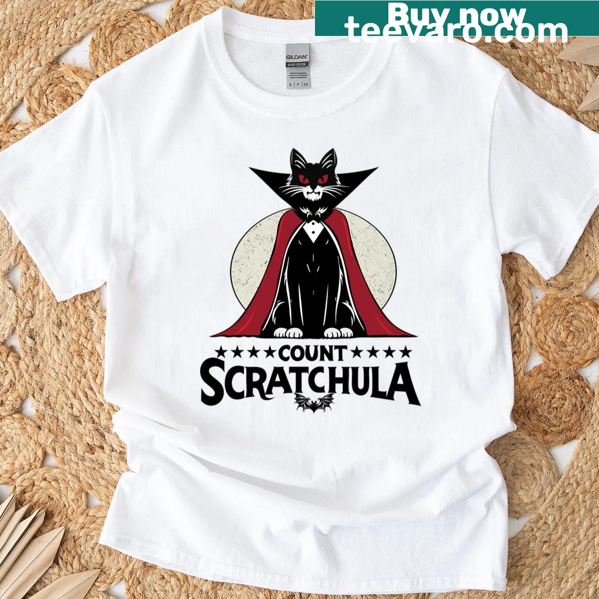 Cartoon vampire cat graphic T-shirt for Halloween — on a men's t-shirt