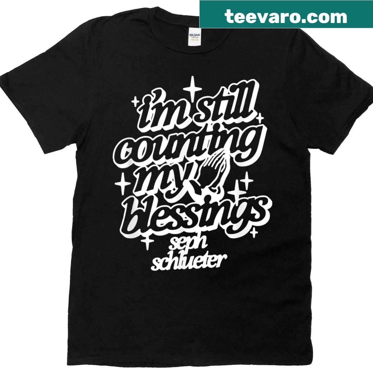 T-shirt featuring praying hands illustration representing blessings — on a men's t-shirt