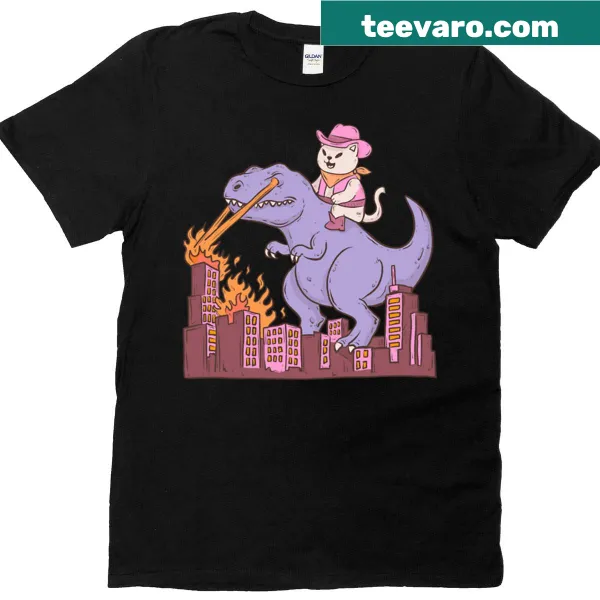 Funny graphic of a cat riding a laser T-rex