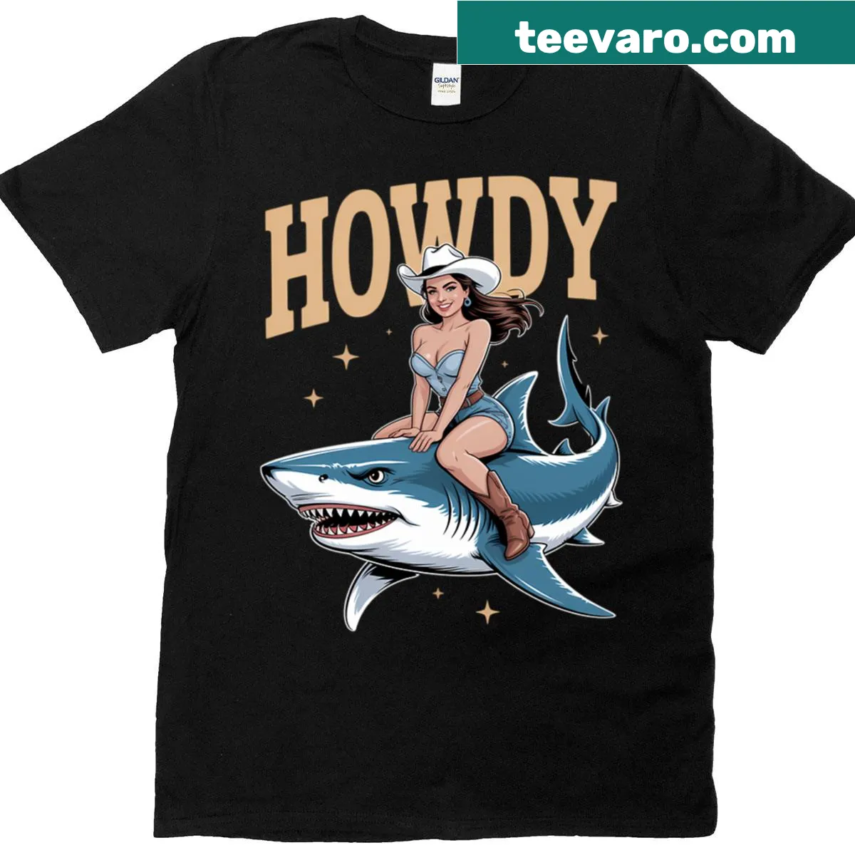 Funny cowgirl riding a shark graphic — on a men's t-shirt