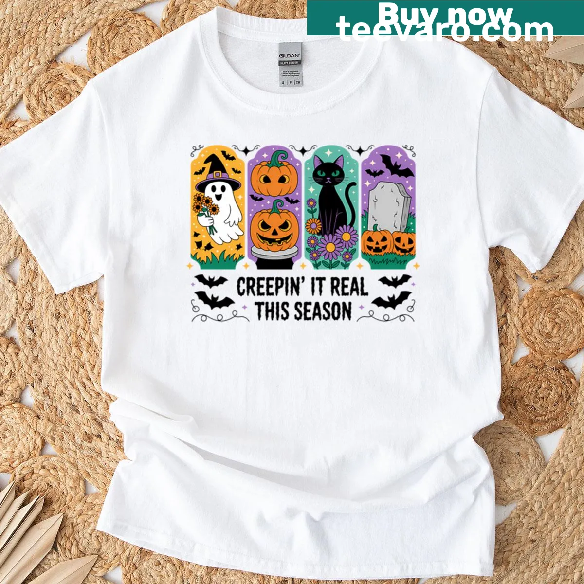 Creepin It Real Halloween typography graphic T-shirt — on a men's t-shirt