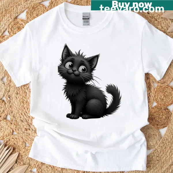 T-shirt featuring a curious cat graphic in a whimsical style.