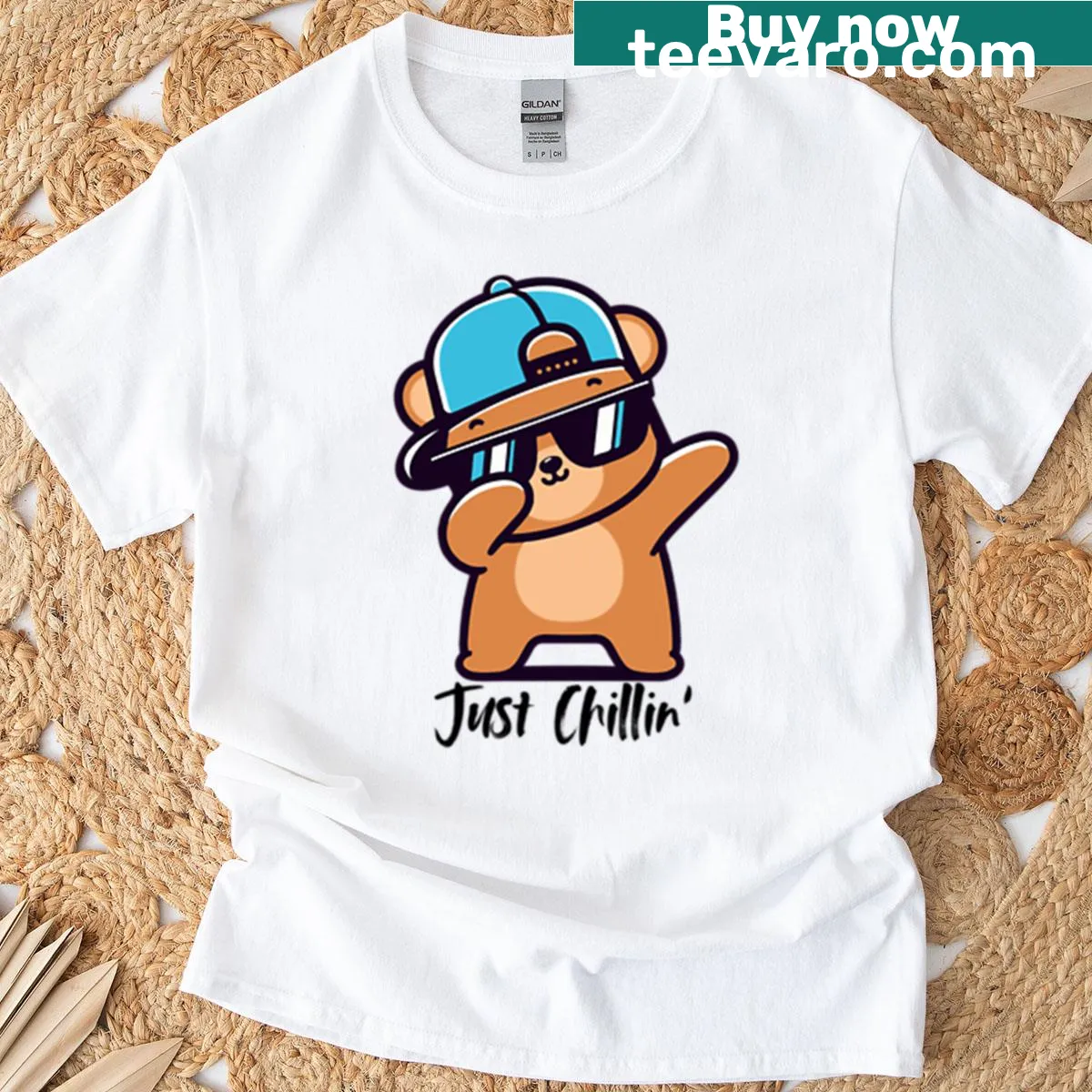 T-shirt featuring a cute grizzly bear dab graphic saying 'Just Chillin' — on a men's t-shirt