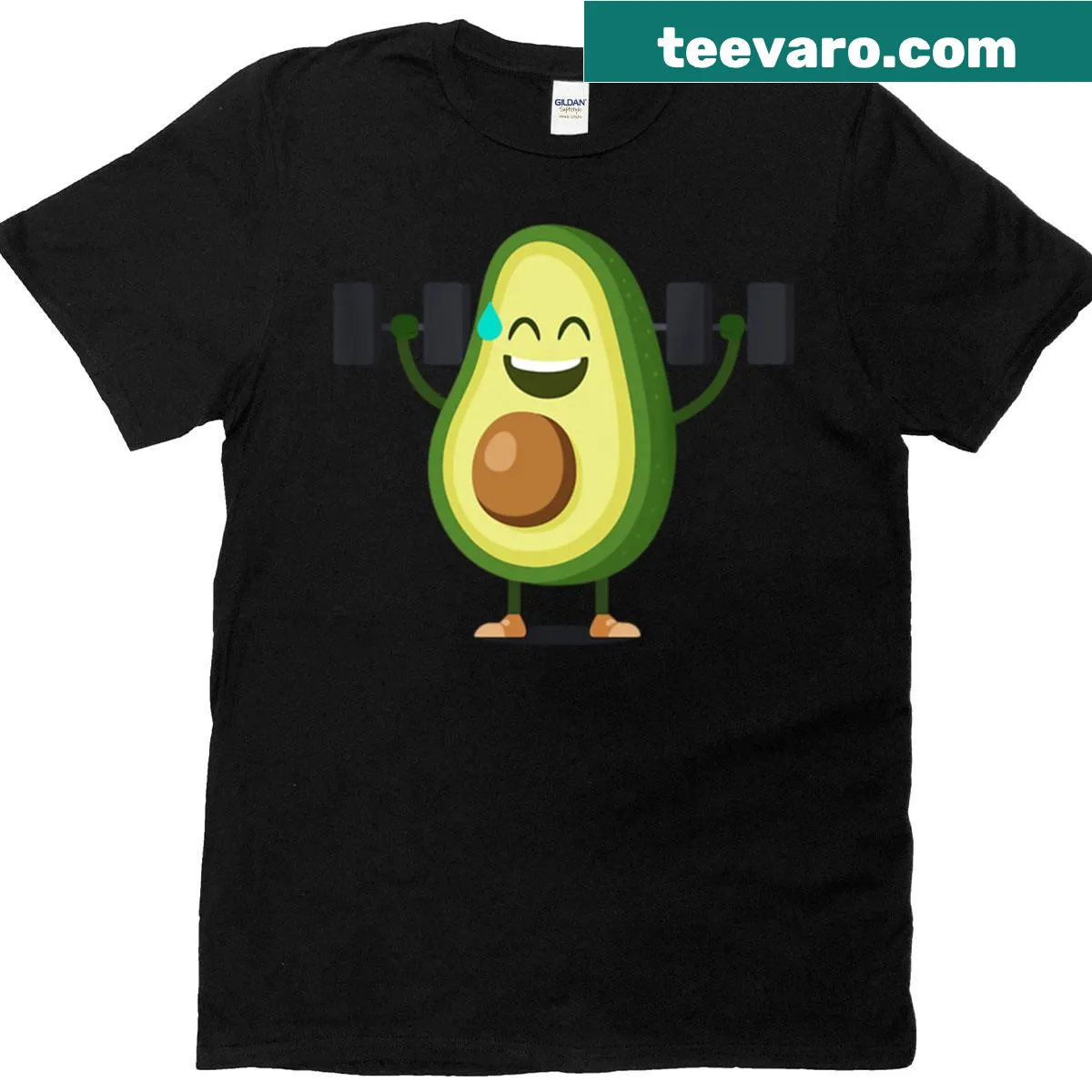 Illustration of a cute avocado lifting weights, combining humor and fitness. — on a men's t-shirt