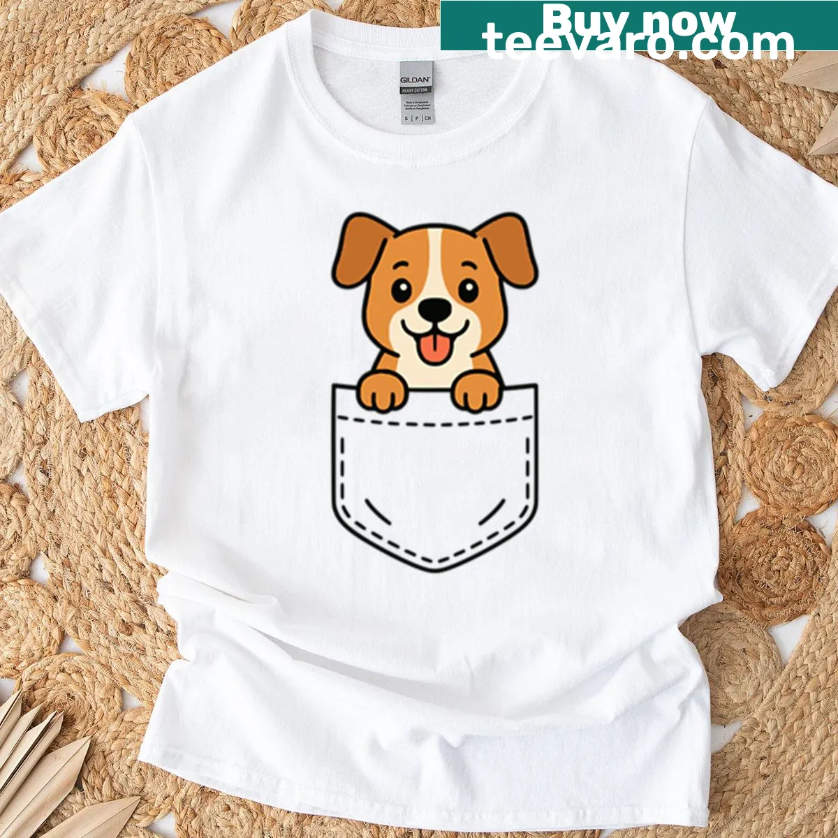 Cute beagle puppy cartoon peeking from a pocket — on a men's t-shirt