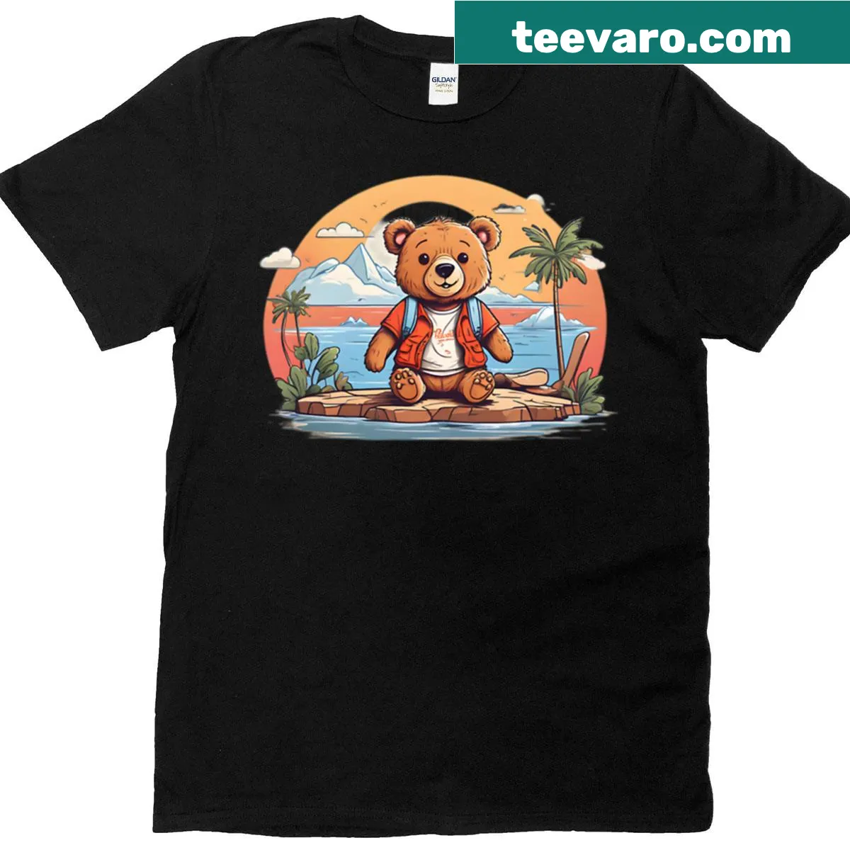 Oversized t-shirt featuring a cute bear on vacation graphic. — on a men's t-shirt