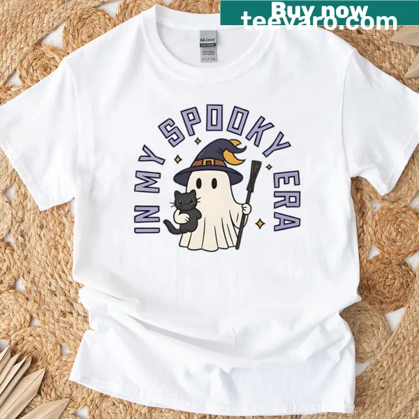 Cartoon ghost and cat design for Halloween t-shirt