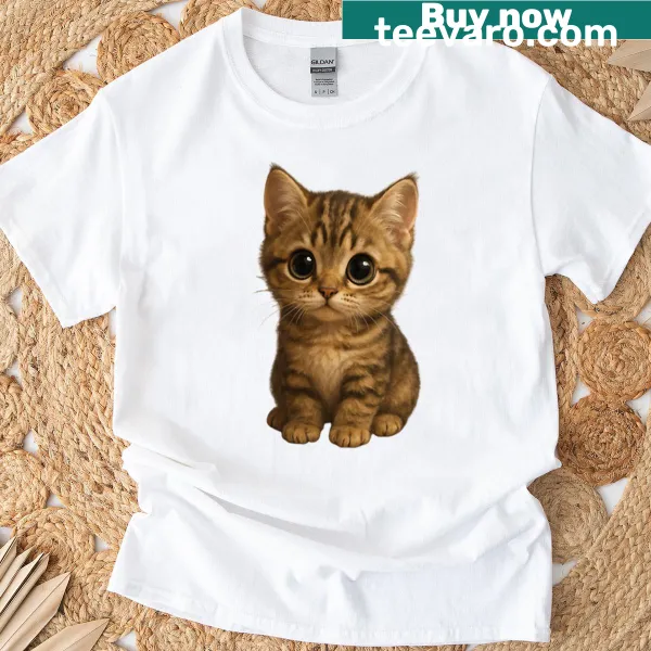 Illustration of a cute cat with big eyes on a T-shirt