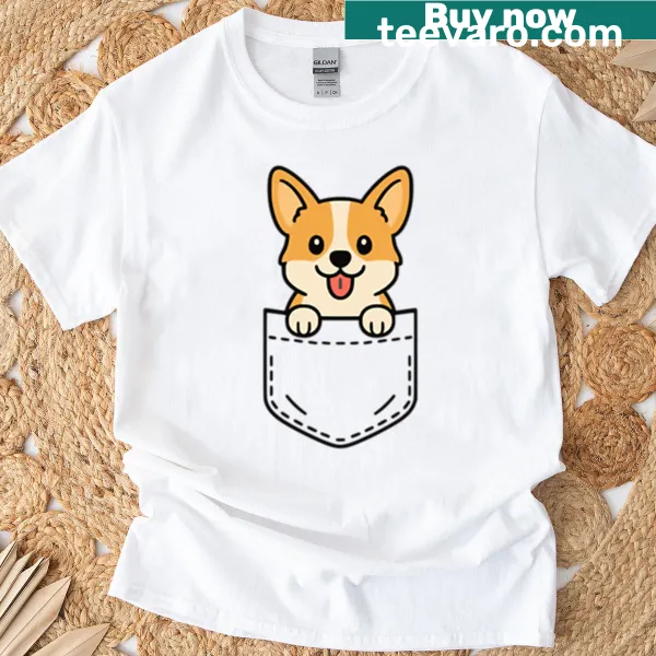 Corgi puppy T-shirt featuring a cartoon corgi peeking from a pocket