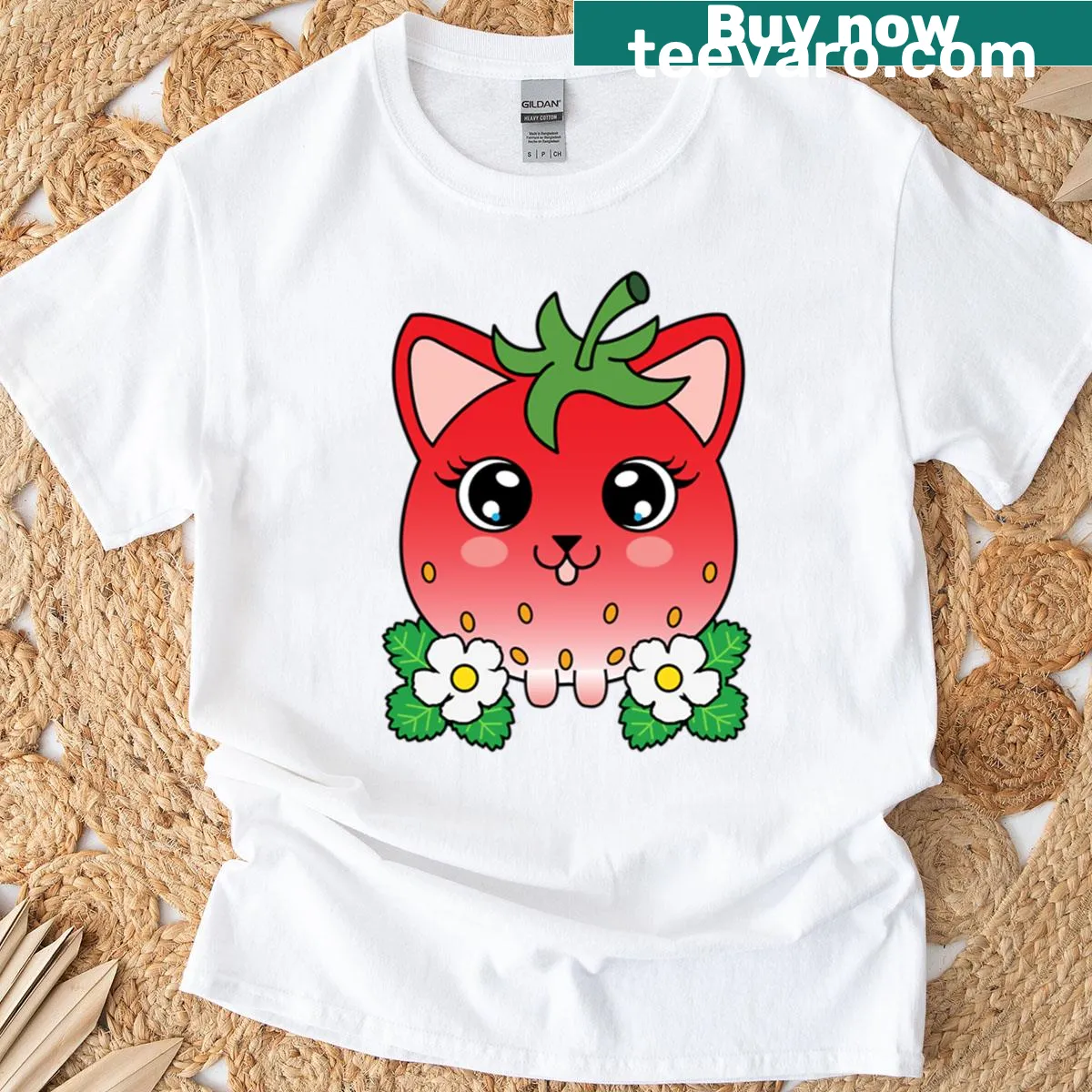 Kawaii design of a cat on a strawberry T-shirt — on a men's t-shirt