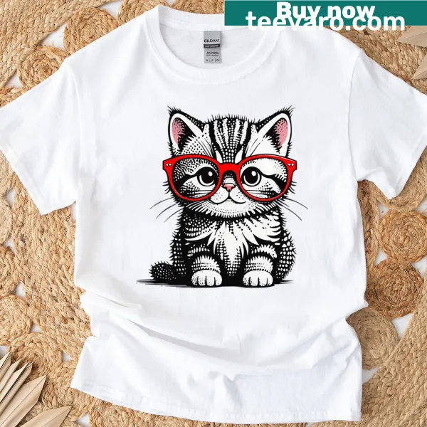 Illustration of a kitty in red goggles on an oversized t-shirt