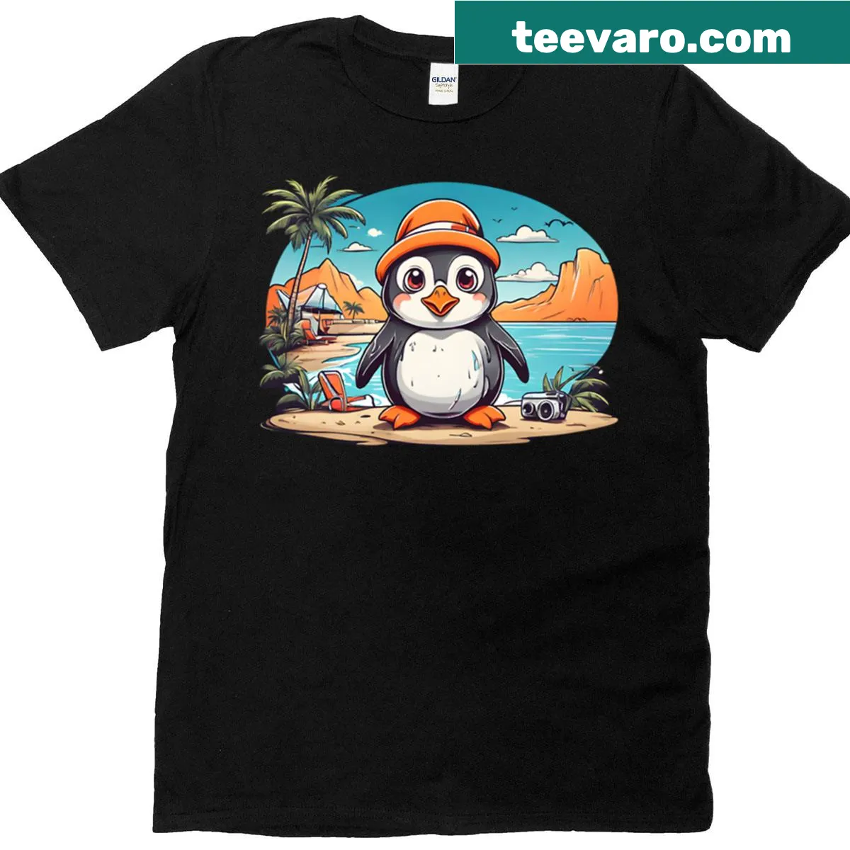 Cute penguin graphic on an oversized vacation-themed t-shirt — on a men's t-shirt