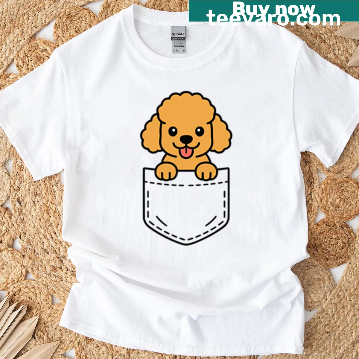 Funny poodle puppy design peeking from a pocket on a t-shirt — on a men's t-shirt