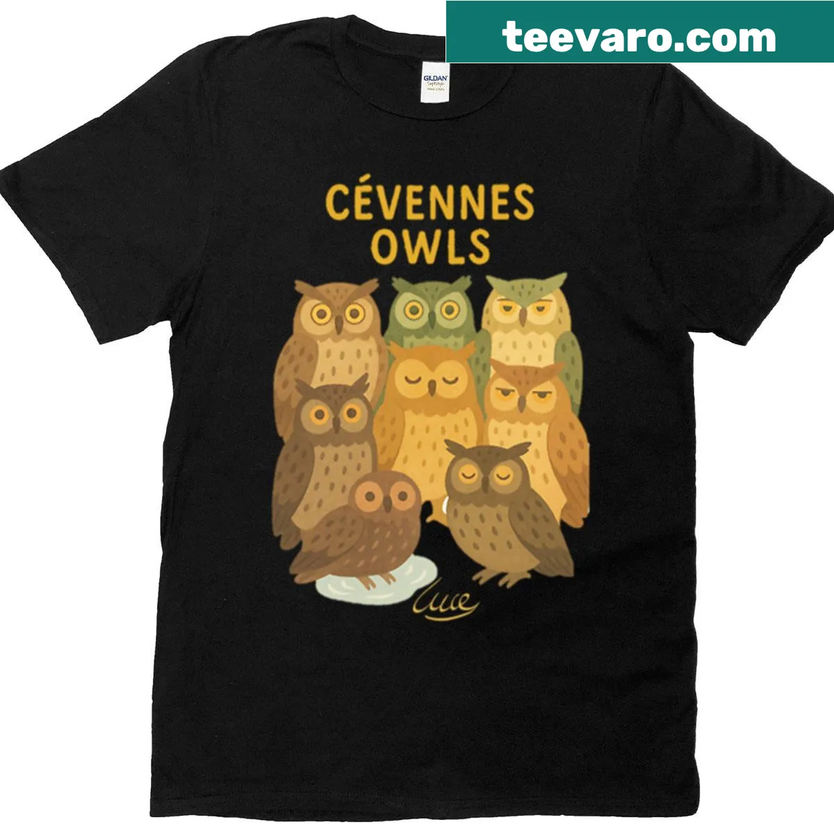 T-shirt featuring seven adorable illustrated owls — on a men's t-shirt