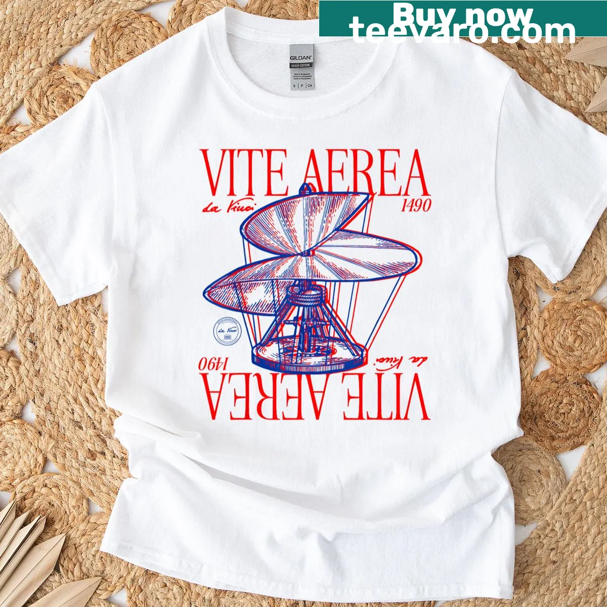 Aerial Screw invention sketch by Da Vinci on a t-shirt — on a men's t-shirt