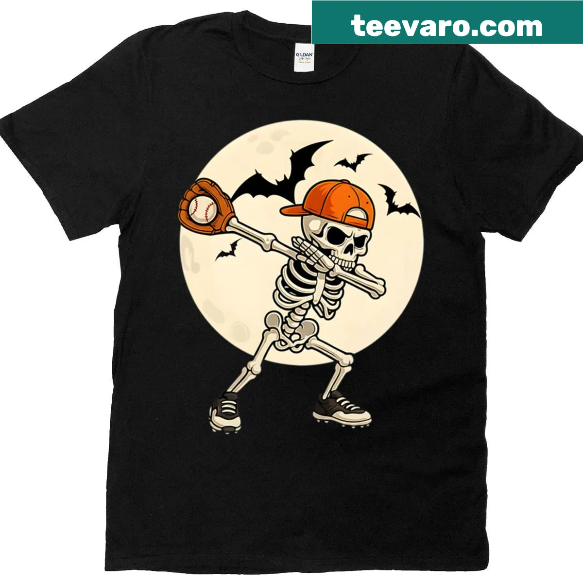 Cartoon skeleton dabbing with a baseball bat on a T-shirt — on a men's t-shirt