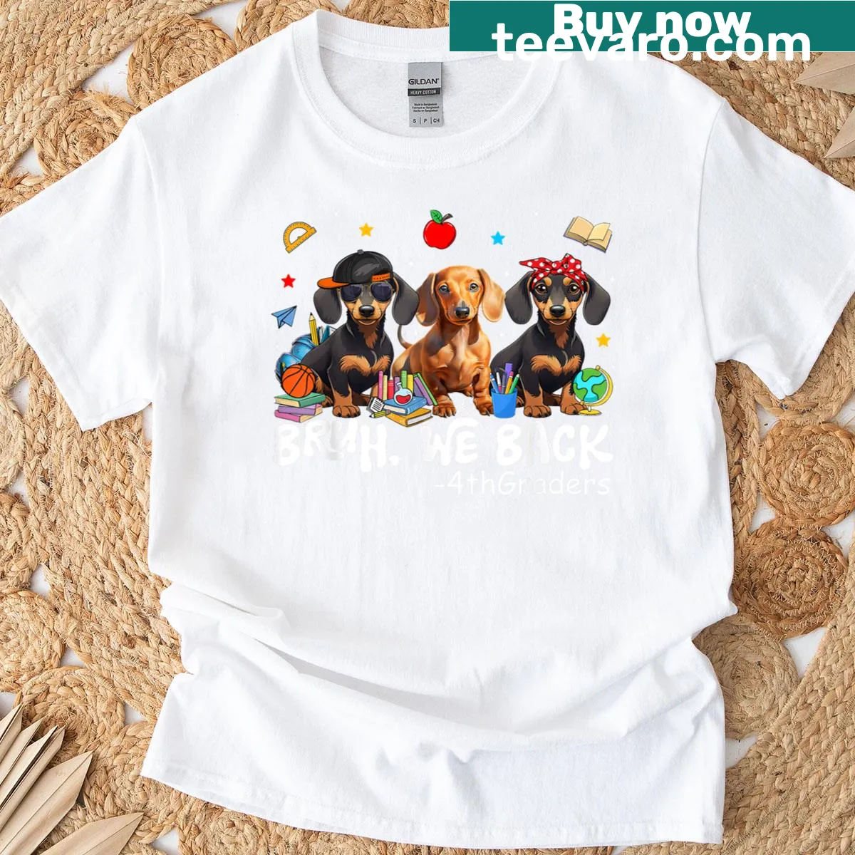 Funny dachshund t-shirt with the phrase 'Bruh, we back' — on a men's t-shirt