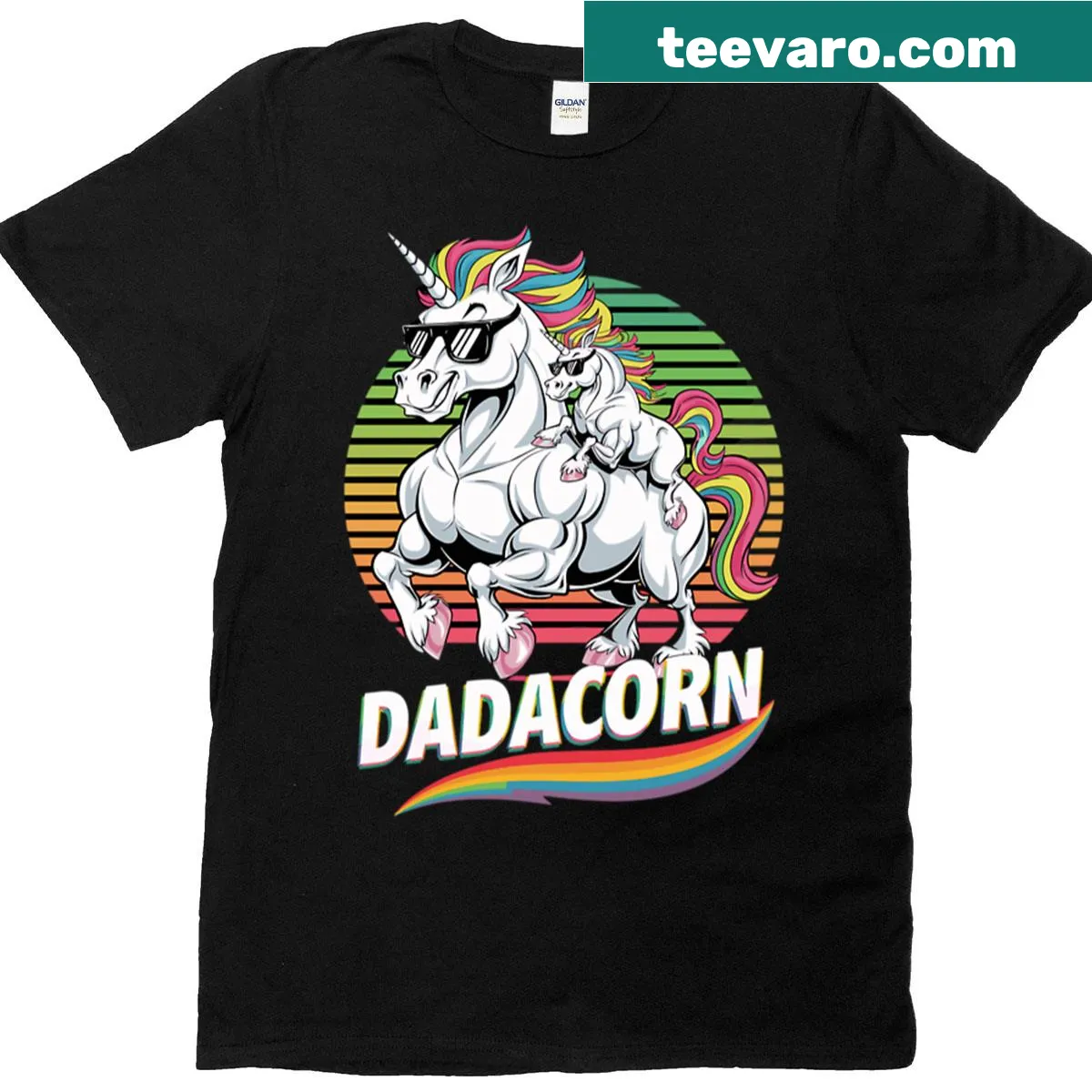 Dadacorn riding a unicorn graphic on a T-shirt — on a men's t-shirt