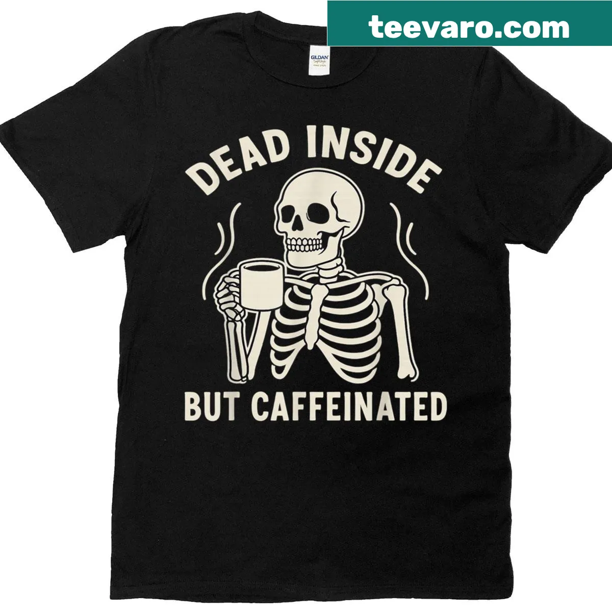 Halloween shirt with a coffee-holding skeleton and funny text — on a men's t-shirt