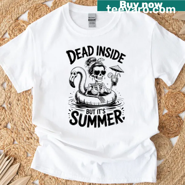 Skeleton relaxing on a flamingo, summer-themed graphic t-shirt