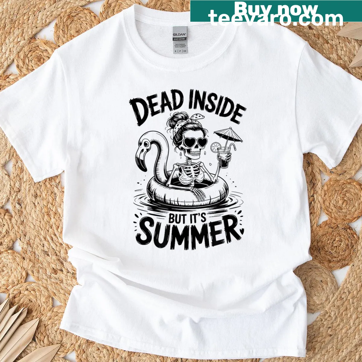 Skeleton relaxing on a flamingo, summer-themed graphic t-shirt — on a men's t-shirt