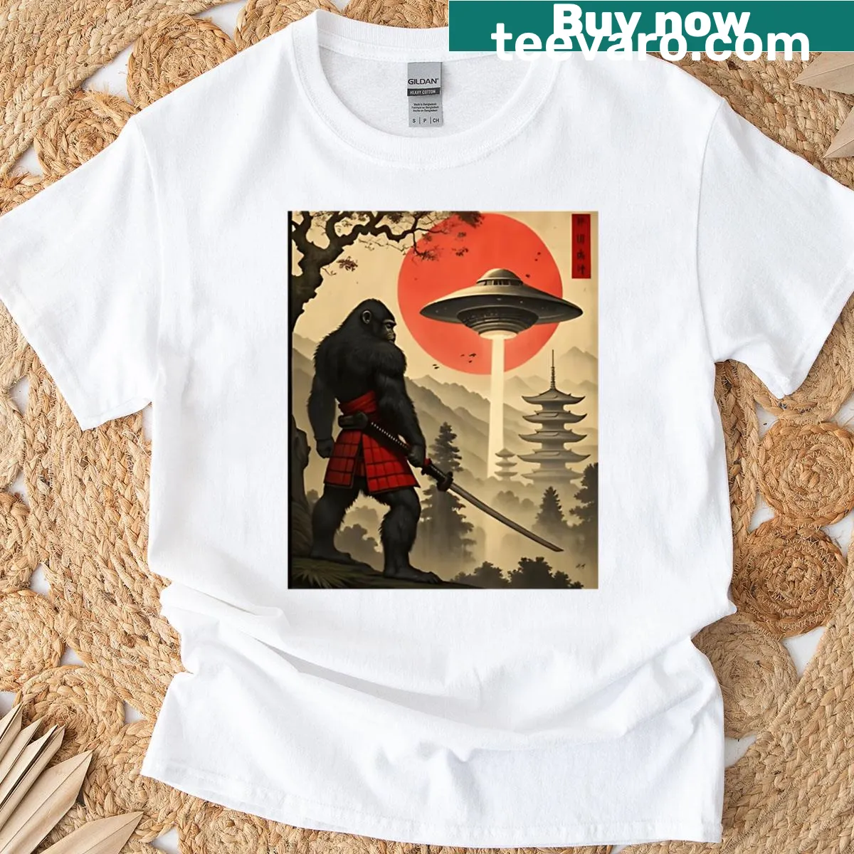 Samurai Bigfoot graphic t-shirt with UFOs in vintage style — on a men's t-shirt
