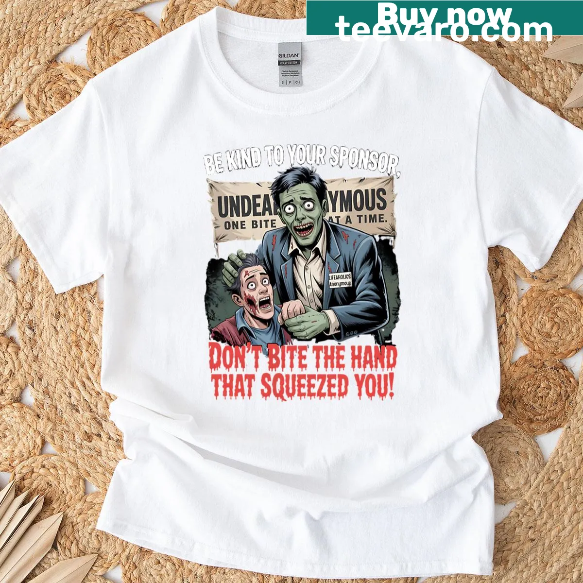 Funny zombie-themed t-shirt with humorous text — on a men's t-shirt