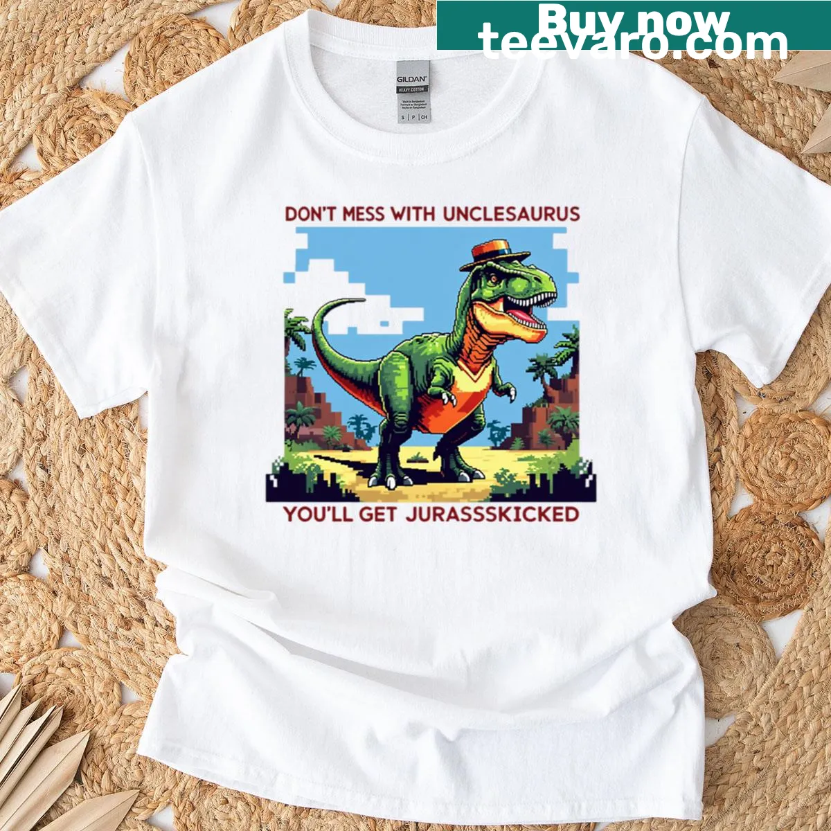 Funny uncle t-shirt with dinosaur graphic and humorous phrase — on a men's t-shirt