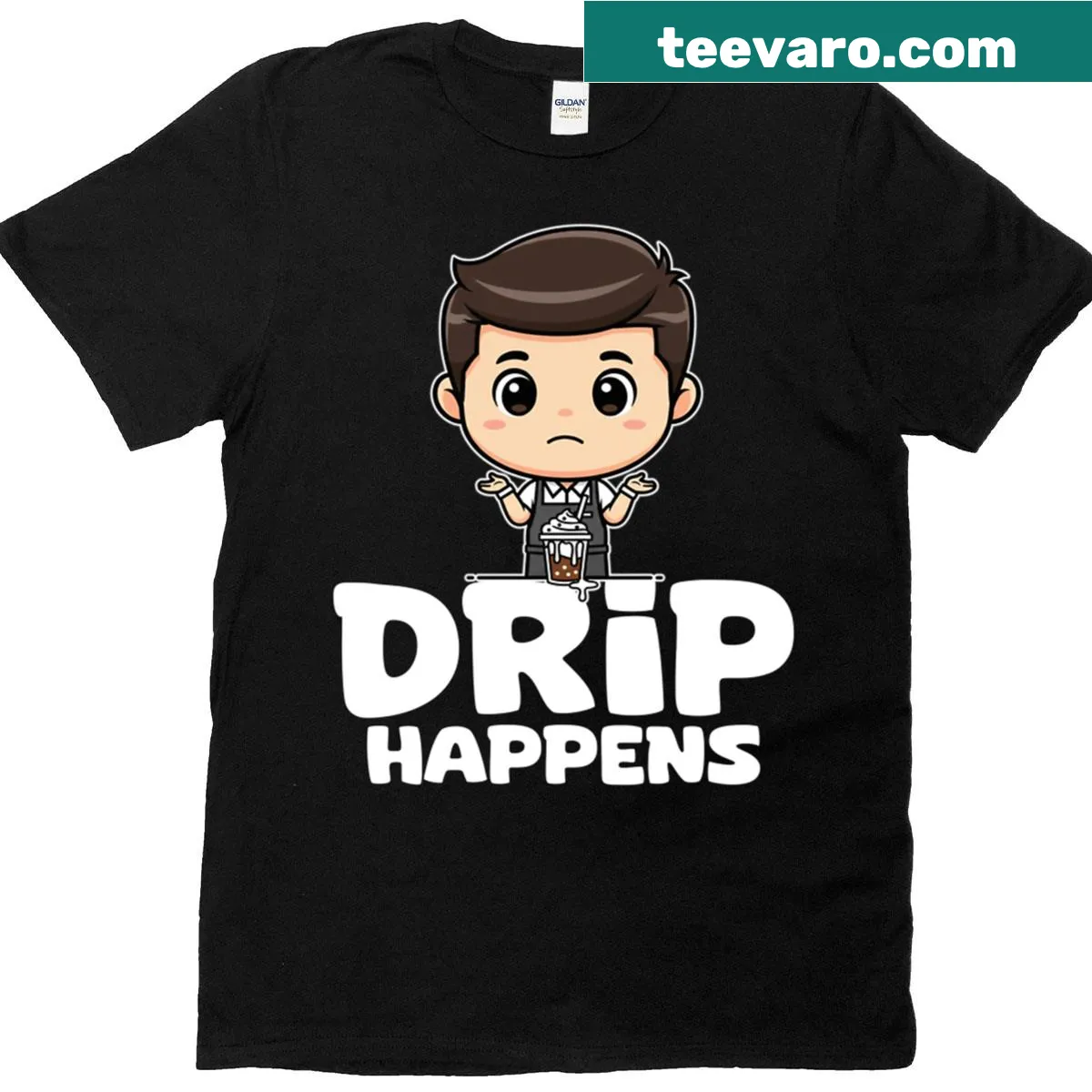 Oversized t-shirt with humorous 'Drip Happens' quote about coffee. — on a men's t-shirt