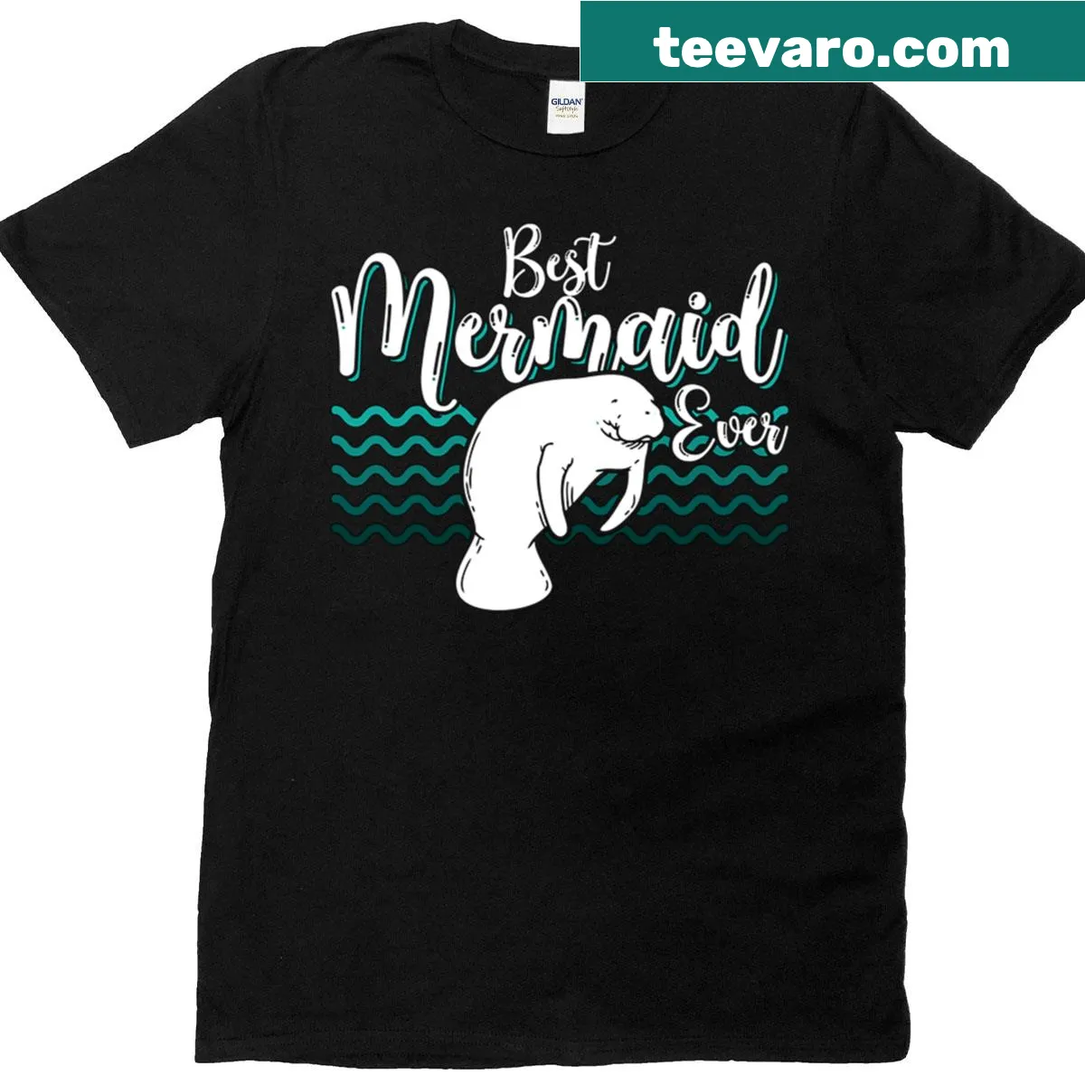 Illustration of dugong with 'Best Mermaid Ever' text on a t-shirt. — on a men's t-shirt