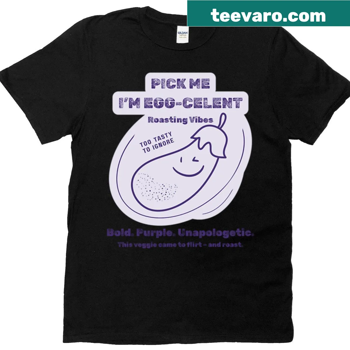 Oversized t-shirt with humorous eggplant graphic and text — on a men's t-shirt