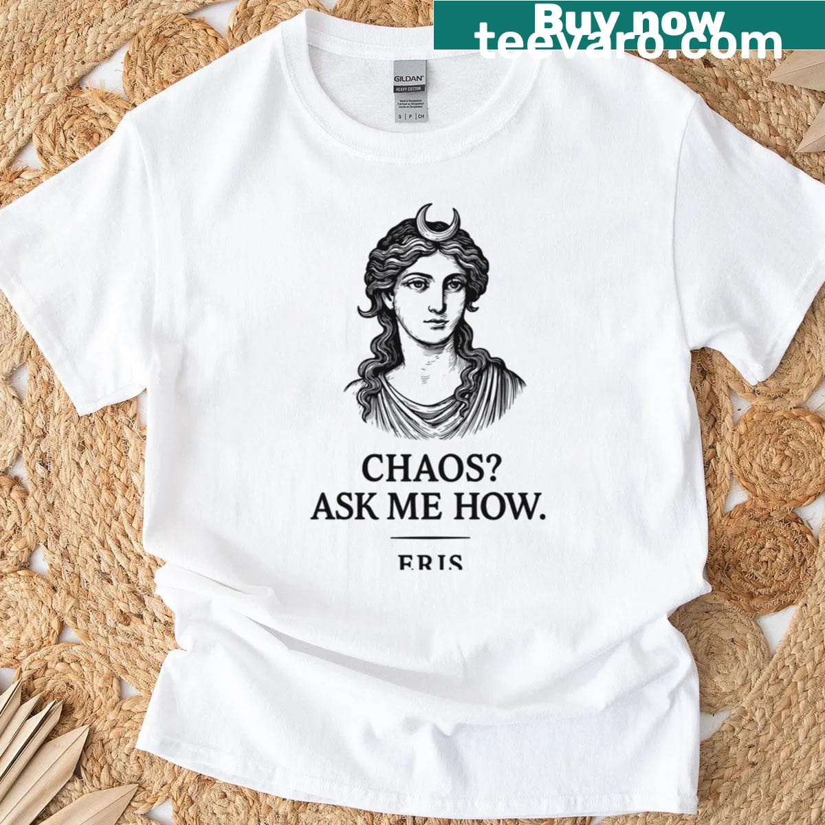 Eris the Greek Goddess t-shirt with 'Ask Me How' quote — on a men's t-shirt