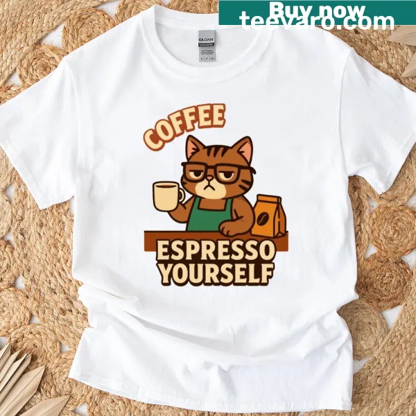 Funny T-shirt with 'Espresso Yourself' and a cute cat barista illustration