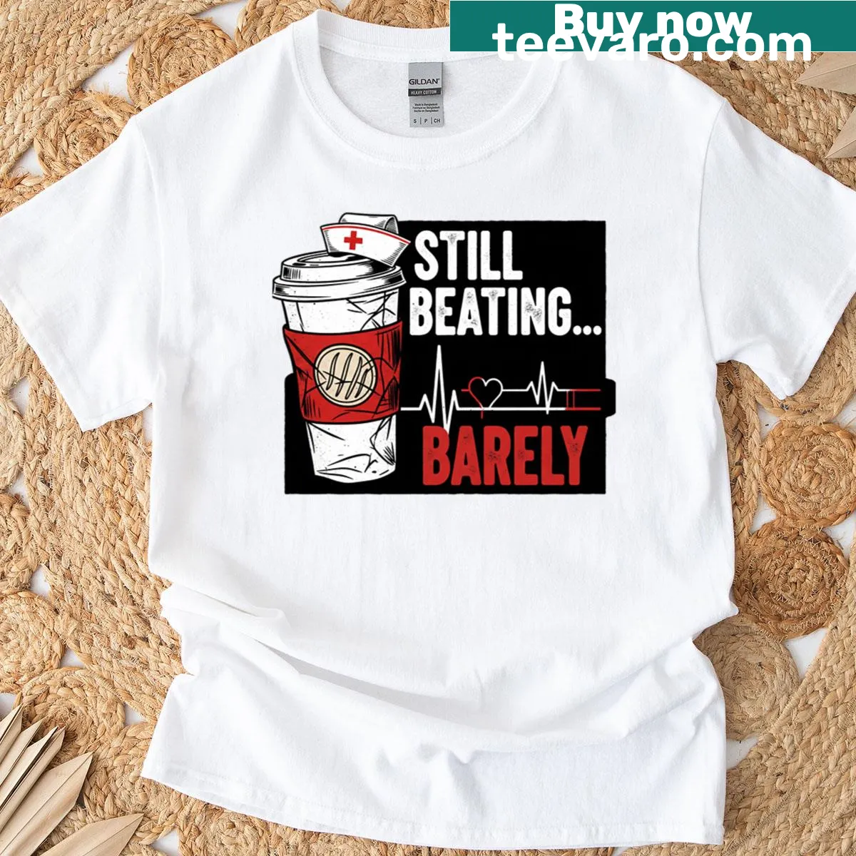 Coffee logo design with text for exhausted nurses after night shifts — on a men's t-shirt