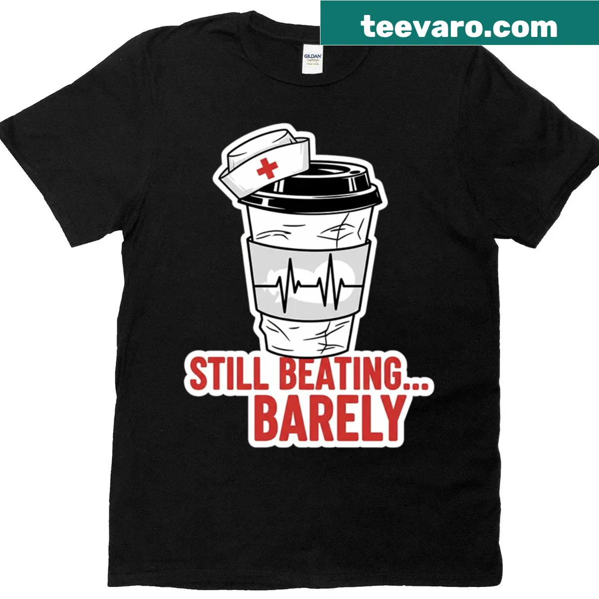 T-shirt for nurses featuring a coffee cup and an exhausted logo — on a men's t-shirt