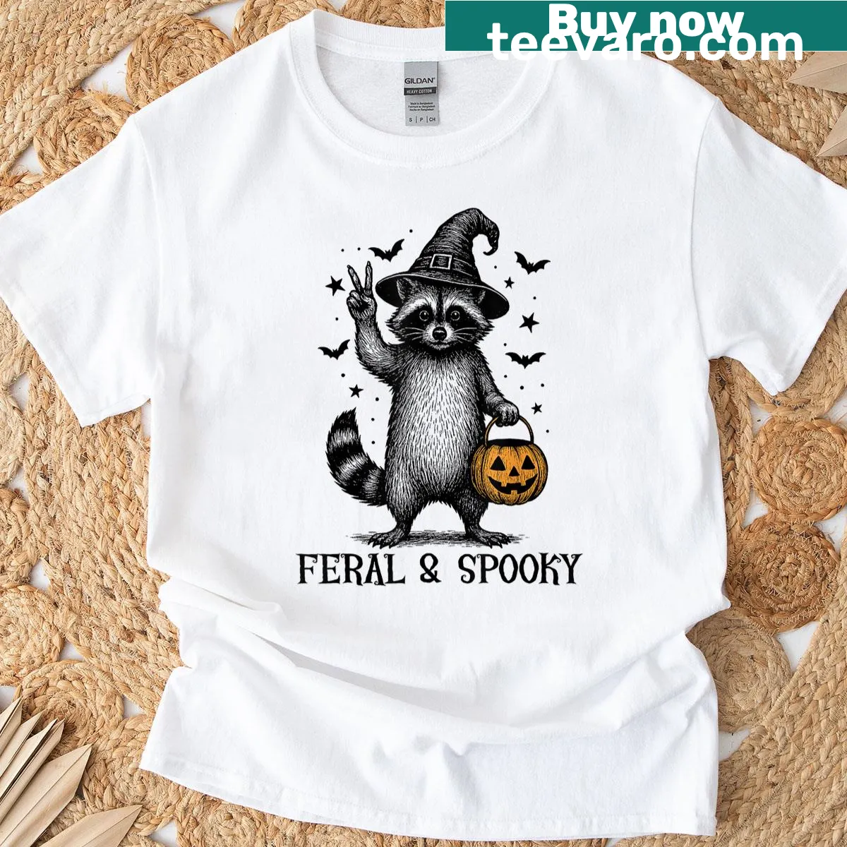 Playful raccoon and spooky pumpkin graphic for Halloween fun — on a men's t-shirt