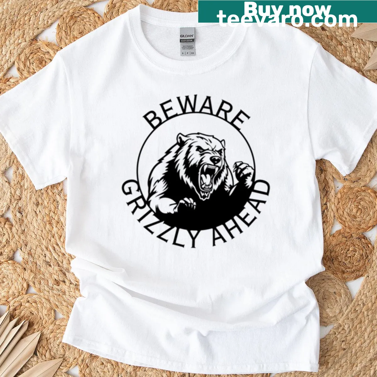 Grizzly bear roaring and saying beware grizzly ahead — on a men's t-shirt