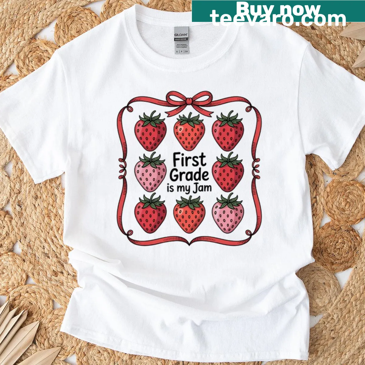 Cute strawberry graphic with First Grade Is My Jam text for teachers — on a men's t-shirt