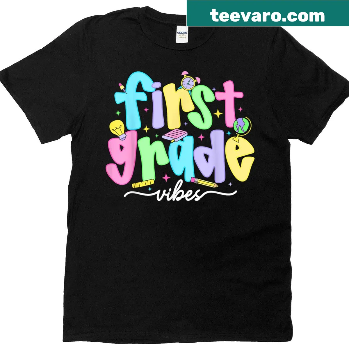 Playful t-shirt for kids featuring the phrase 'First Grade Vibes' — on a men's t-shirt