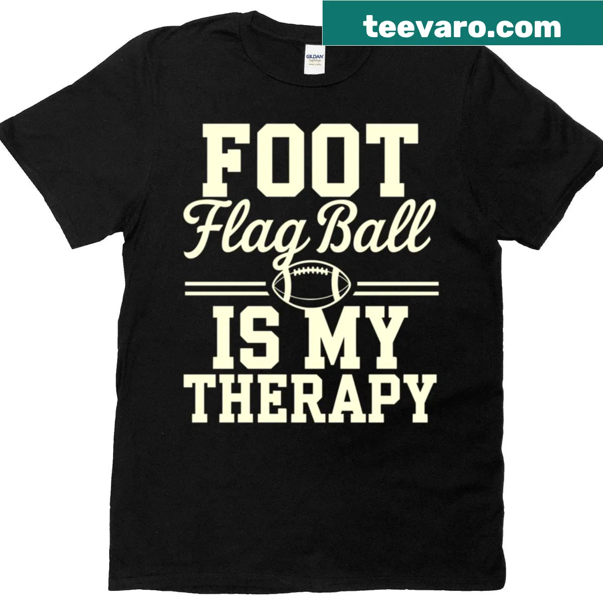 Funny typography quote about flag football as therapy — on a men's t-shirt