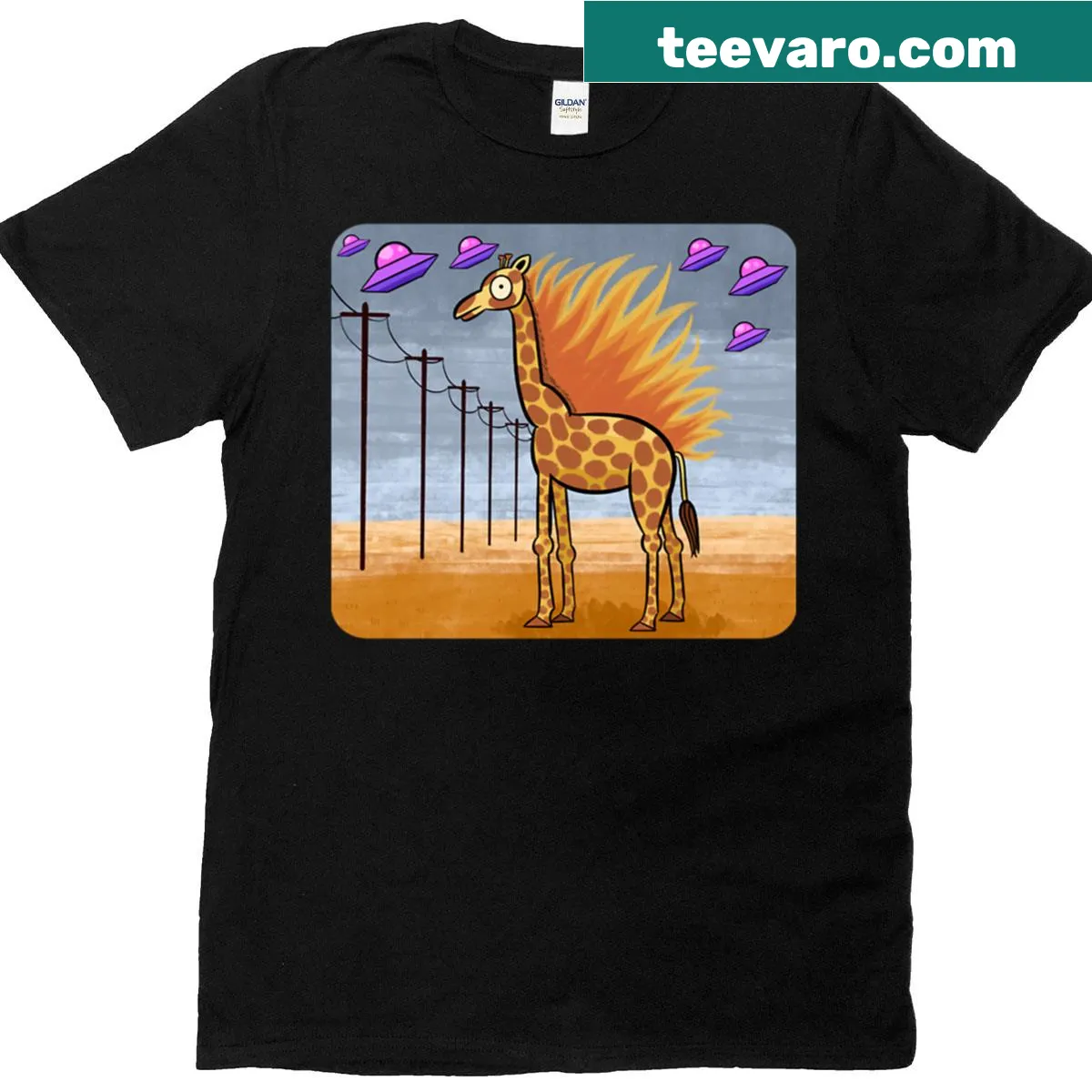 Cartoon t-shirt featuring a flaming giraffe design — on a men's t-shirt