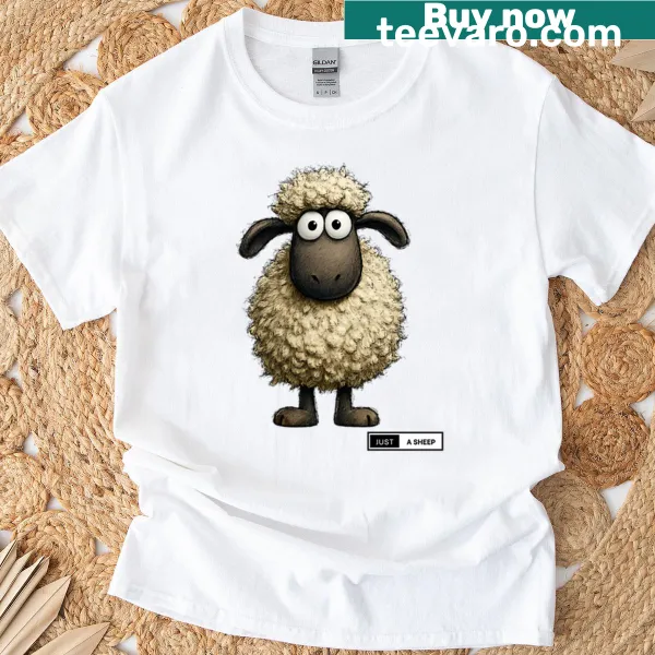 Cartoon graphic of a fluffy sheep with the text Just A Sheep