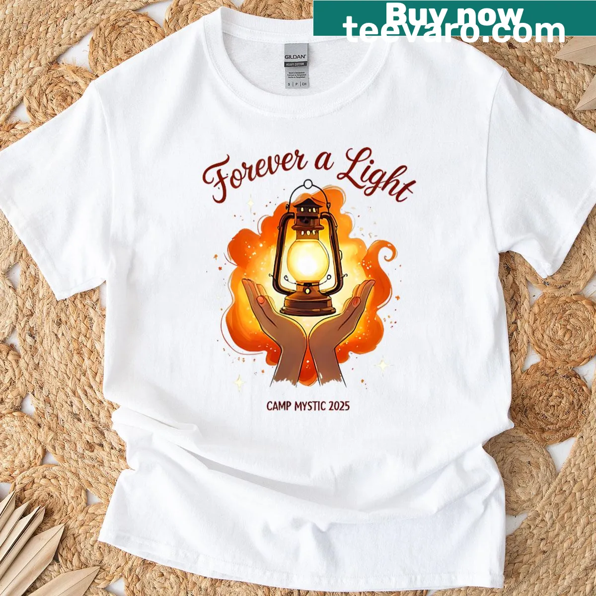 Lantern graphic T-shirt celebrating Camp Mystic — on a men's t-shirt