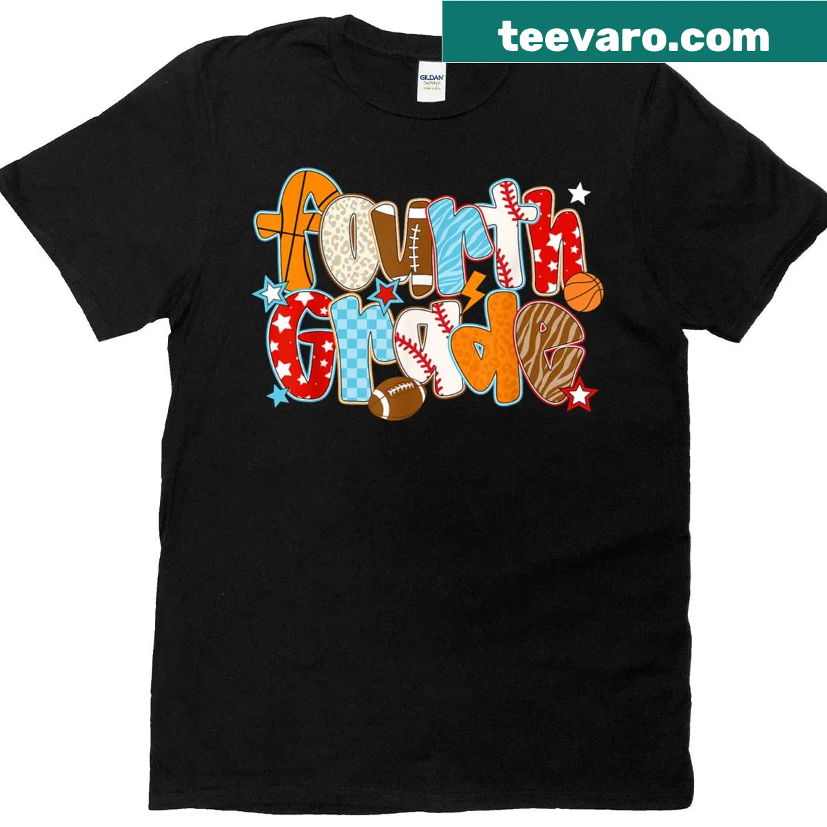 Playful T-shirt featuring baseball, basketball, and football graphics — on a men's t-shirt