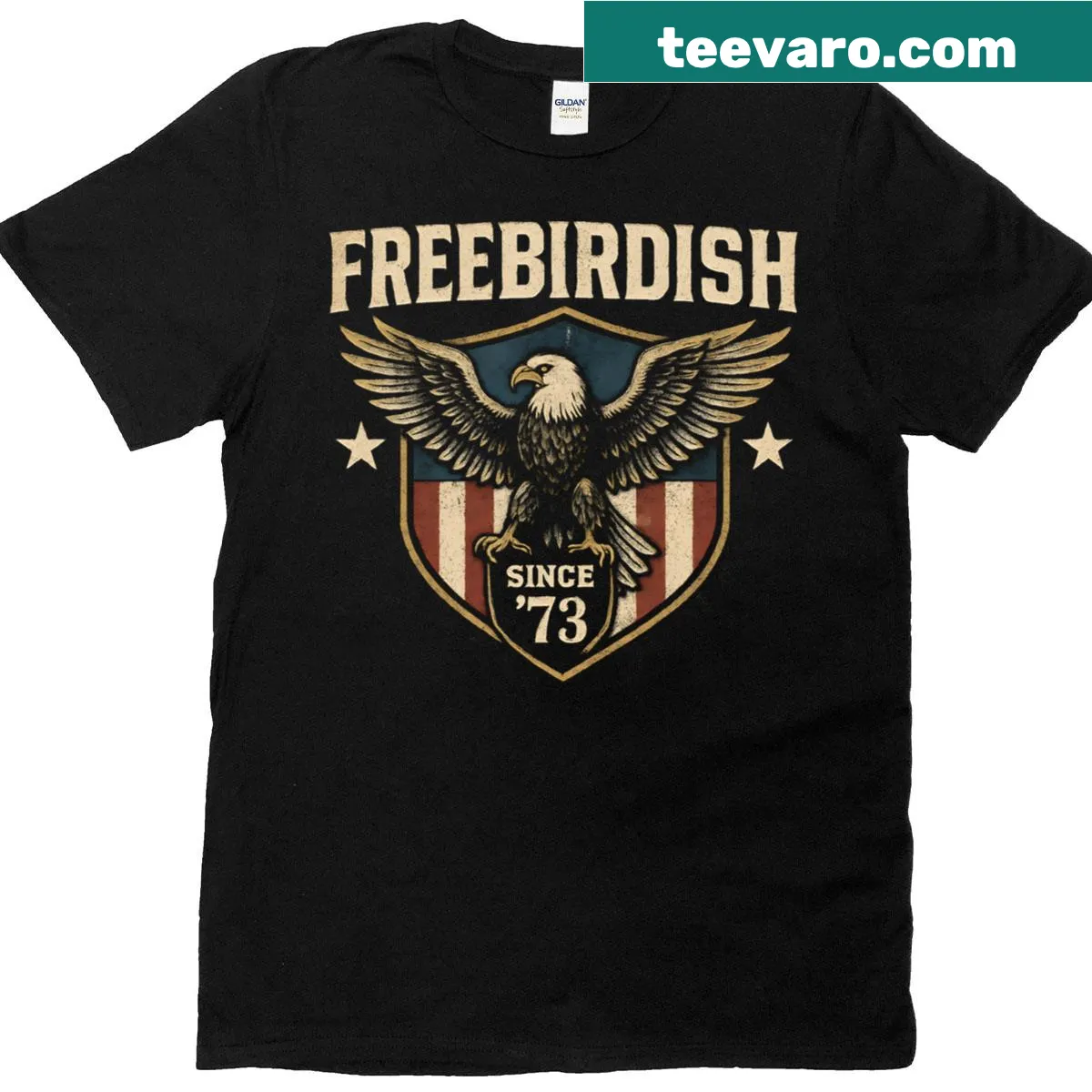 Patriotic rock t-shirt with 'Freebirdish Since 73' text design — on a men's t-shirt