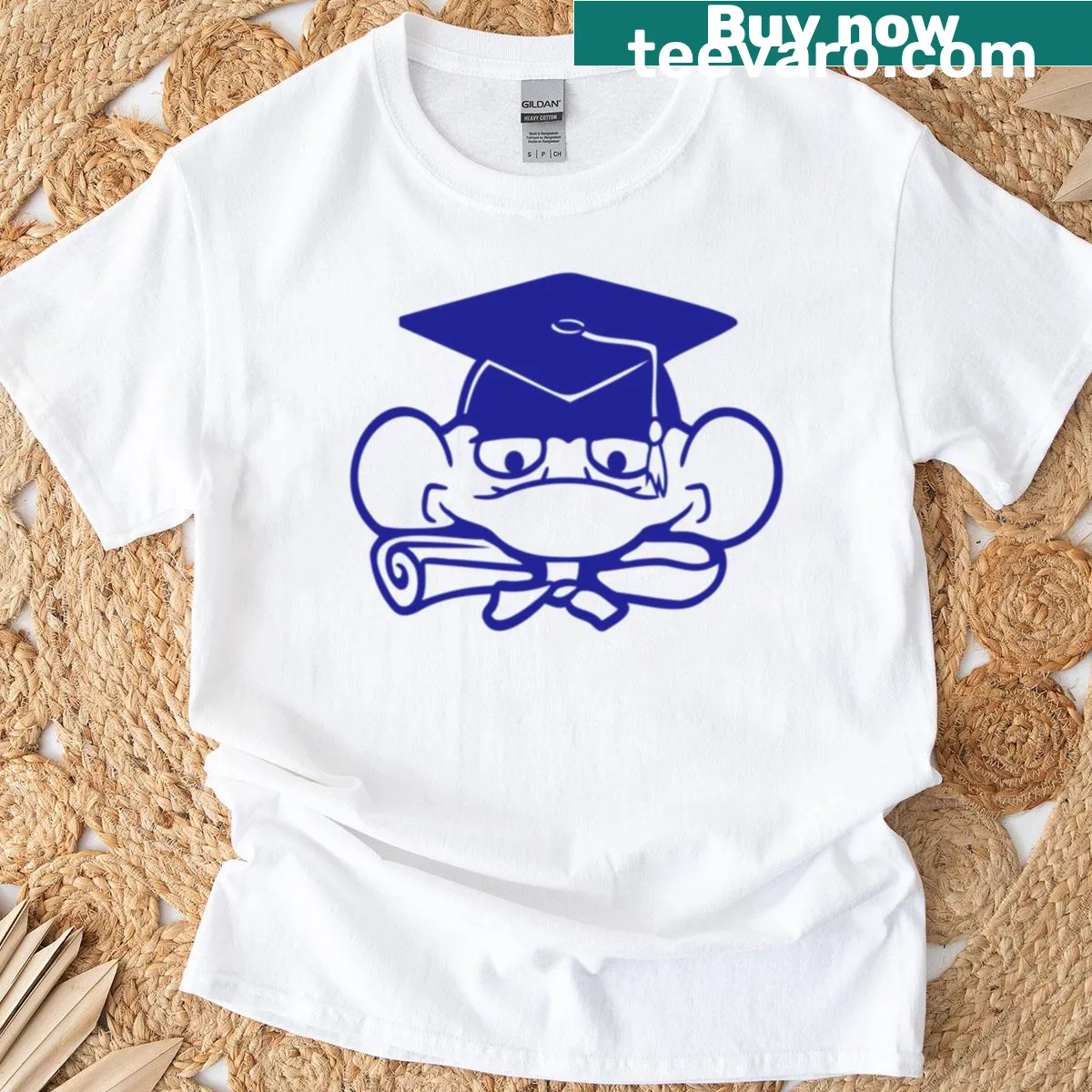 T-shirt featuring a happy frog with a college degree certificate illustration — on a men's t-shirt
