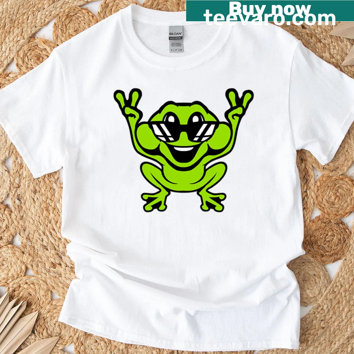 Playful frog in sunglasses showing peace sign for a whimsical vibe — on a men's t-shirt