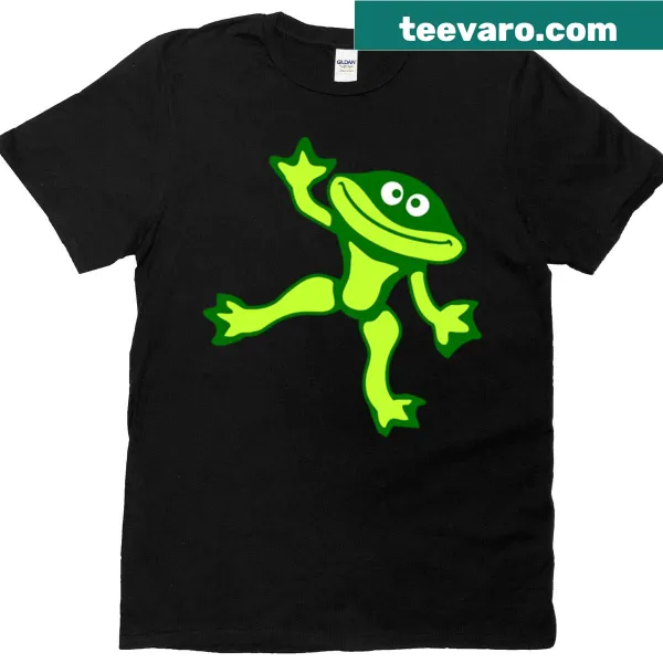 Cute T-shirt with a dancing frog waving and smiling
