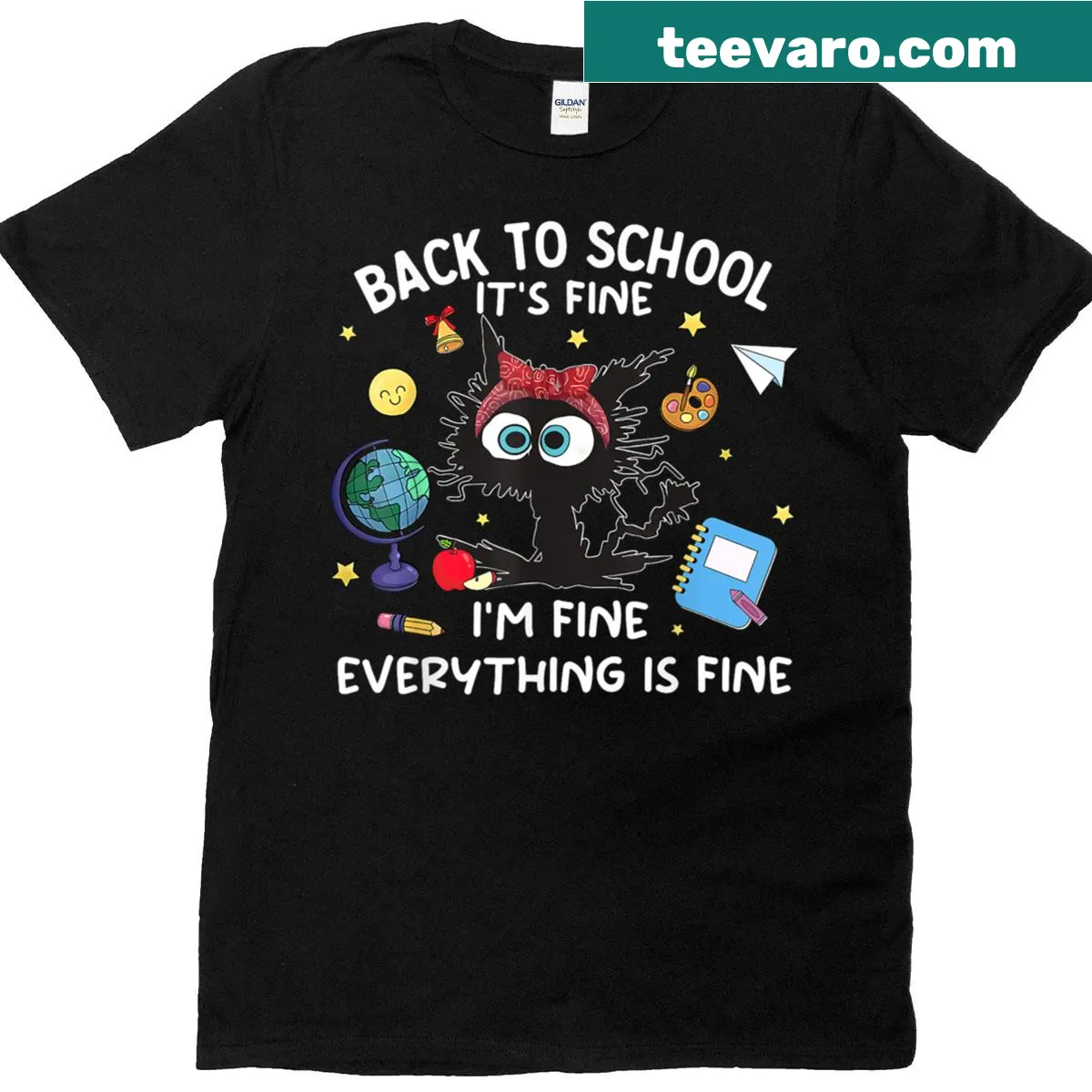 Black cat graphic with text for back to school t-shirt — on a men's t-shirt